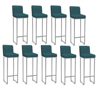 Imagem de Kit 09 Banqueta Alta Com Encosto Lucca Industrial Ferro Cinza Suede Azul Turquesa - Amey Decor