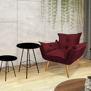 Imagem de Kit Poltrona Opala Com 2 Mesas Ferro Preto Tampo Redondo Preto Corino Vermelho