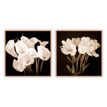Imagem de Kit Com 2 Quadros Decorativos Florais Com Moldura Para Sala Quarto Escritório 92x92 Flo...