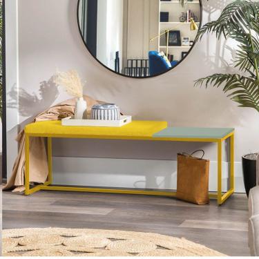 Imagem de Banco Recamier Puff 195cm Industrial Dourado Corino Amarelo Tampo Quadrado Mdf Verde