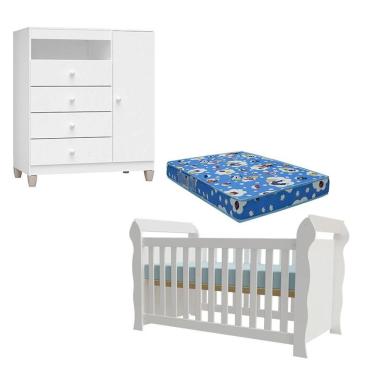 Imagem de Berço Americano com Colchão e Cômoda Infantil Lara 1 Porta 4 Gavetas MDF MDP 154 cm Branco Incorplac