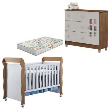 Imagem de Kit Berço Americano Mirelle e Cômoda Mariah em MDF com Colchão Incluso Branco Acetinado Amadeirado