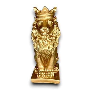 Imagem de Estátua Leão Com Coroa Decorativa Estatueta Em Resina Decoração Casa 18 cm (Dourado)
