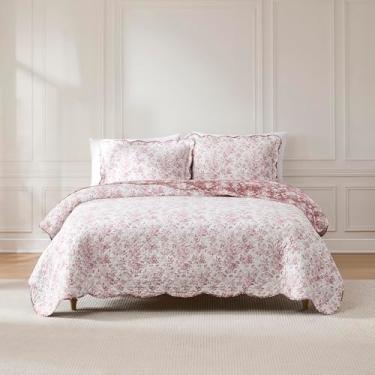 Imagem de Lush Decor Peony Toile Conjunto de 3 peças de colcha de algodão reversível casal/queen jacarandá - colcha floral - conjunto de cama rosa - borda recortada - decoração de coquete
