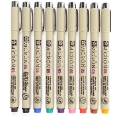 Imagem de SAKURA Pigma Micron 05 Pacote de 9 cores, preto, laranja, marrom, vermelho, rosa, verde, roxo, azul, sépia