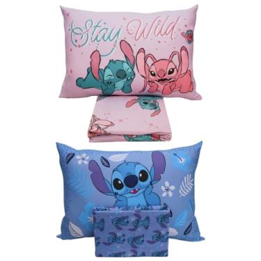 Imagem de Kit com 2 Jogos de Lençol Infantil Lilo & Stitch Disney – Malha, Estampas Azul e Rosa, Lençol com Elástico, Antialérgico Oficial