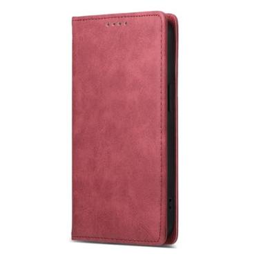 Imagem de LYJSMGZ Capa carteira para iPhone 16E, porta-cartões, flip fólio, proteção contra quedas, capa macia de TPU para homens e mulheres, capa de telefone de couro fosco, vermelha, 16E
