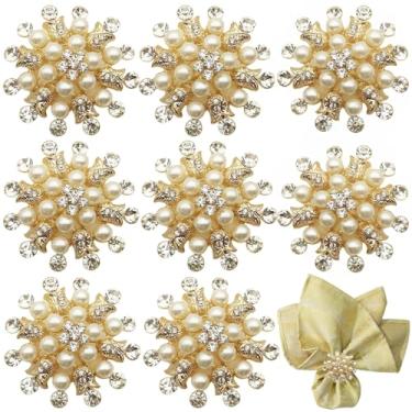 Imagem de Tverghvad Conjunto De 8 Anéis Guardanapo Com Flores Douradas, Porta-Anéis Strass Brilhantes Para Casamentos, Jantares, Festas, Decoração Natal, Peças