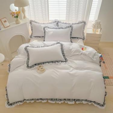 Imagem de IHOUSTRIY Conjunto de capa de edredom de renda preta com babados, roupa de cama branca de 3 peças, decoração de quarto de meninas fofas, capa de edredom 200 x 228 cm com fronha, edredom não incluído