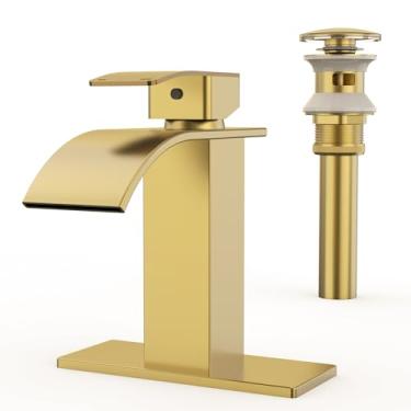 Imagem de RUACQ Torneira de pia de banheiro cachoeira para 1 ou 3 furos, torneira misturadora de lavatório de aço inoxidável com deck e ralo pop-up (Glod)