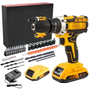 Imagem de Parafusadeira/Furadeira 21V C/Kit Maleta COM DUAS BATERIAS Kit de 28pcs (amarelo-2 Baterias-21V(30PCS))