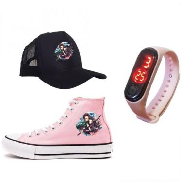 Imagem de Kit Tênis Damon Slayer Boné E Relógio - Vinis Store, Rosa, 37