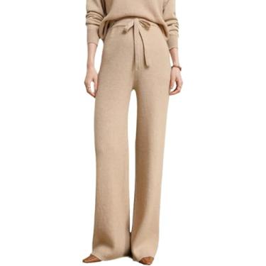 Imagem de 2023 Calças De Malha De Cintura Femininas Outono Inverno Calças De Caxemira Quente, Calças Retas Casuais Com Cós Elástico, Calças De Rua Elegantes Femininas De Perna Larga, Beige, S