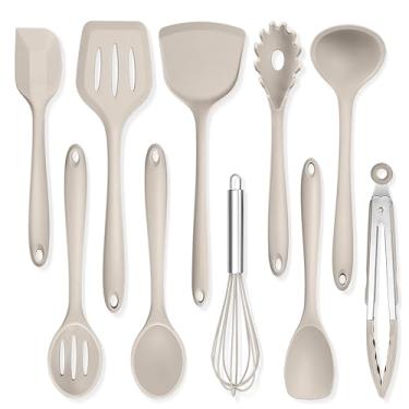 Imagem de TeamFar Conjunto de 10 utensílios de cozinha de silicone, (espátula sólida, espátula, colher sólida, escumadeira, servidor de massa, concha de sopa, espátula grande, batedor, colher de espátula, pinça
