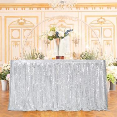 Imagem de Saia de mesa com lantejoulas, rosa, ondulado, com babados e brilhante, para chá de panela, festa de aniversário, 1 peça prateada, 12 pés, 70 x 426 cm