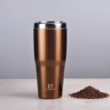 Imagem de Copo Térmico Parede Dupla em Aço Inox Marrom 500ml com Alça Ergonômica - Estilo Texturizado
