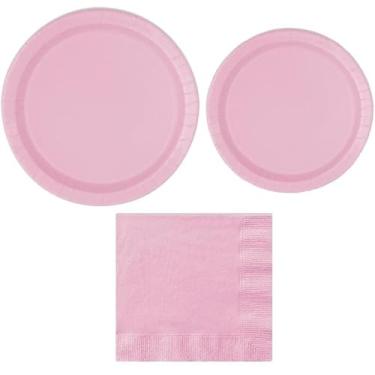 Imagem de Conjunto de pratos de papel rosa claro para festa prato de jantar de 22,8 cm, pratos de sobremesa de 18 cm e guardanapos vermelhos, conjunto de pratos de festa de papel descartáveis de 56 peças
