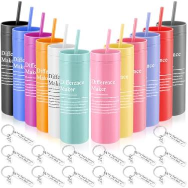 Imagem de Hushee Conjunto de 12 presentes para fazer diferenças a granel para mulheres e homens, copo skinny de 473 ml com tampa e canudo, chaveiros inspiradores, presentes de agradecimento de funcionários para