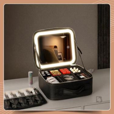 Imagem de Maleta de Maquiagem Com Alça Necessaire De Couro Com Espelho Led Portá
