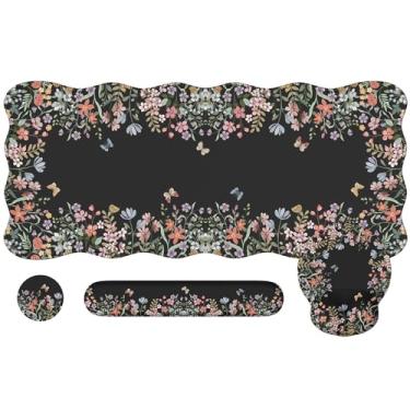 Imagem de iCasso Conjunto de tapete de mesa, mouse pad grande com descanso de pulso, suporte ergonômico de pulso para mulheres, tapete de computador floral feminino com bordas recortadas, tapete de mesa