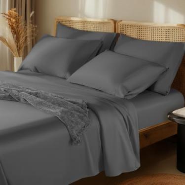 Imagem de LBRO2M Jogo de lençóis 1000 fios 100% algodão egípcio conjunto de 6 peças, lençol de casal com bolso profundo 40,6 cm, macio e confortável para todas as estações (casal, cinza escuro)
