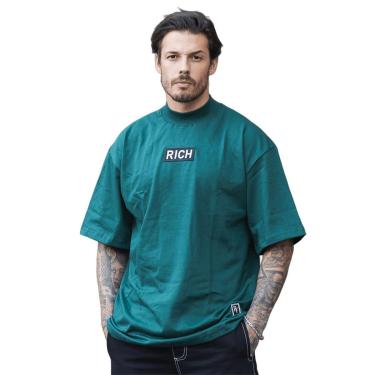Imagem de Camiseta Oversized Gola Alta Borracha Black White Streetwear Confortavel Masculina Verde Escuro-Masculino