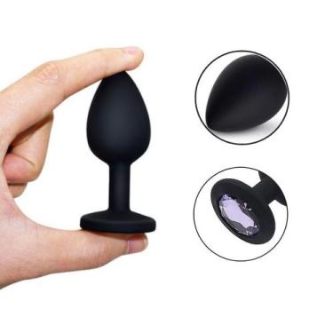 Imagem de Plug Anal em Silicone Tamanho M 8,0cm x 3,4cm Preto com Pedra Rosa Peq