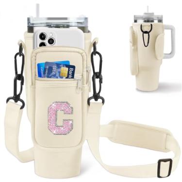 Imagem de Aganmi Bolsa com alça para garrafa de água com alça para copo Stanley de 1,18 l com alça, bolsa de transporte de garrafa de água com inicial transversal com bolso para telefone para viagens,