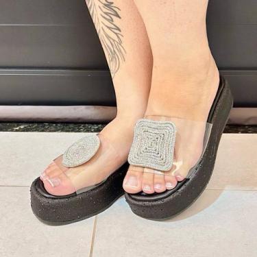 Imagem de Sandalia feminina tamanco com vinil transparente com brilho anabela me