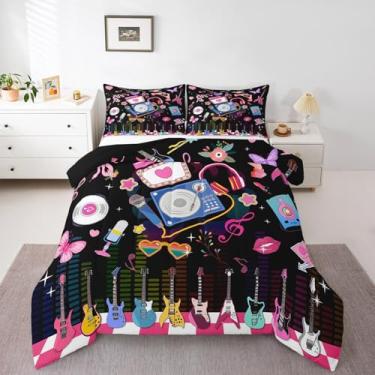 Imagem de Feelyou Conjunto de cama feminino de desenho animado com música cantora e guitarra com 1 fronha tamanho solteiro preto estética moderna discoteca cobra borboleta edredom para decoração de quarto de