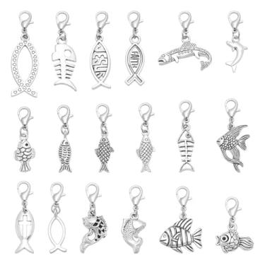 Imagem de GOMAKERER 36 peças 18 estilos pingentes de peixe com fecho lagosta, esqueleto golfinho, espinha de peixe espinha de peixe, clipe em pingentes sortidos, extrator de zíper prata antigo sortido para