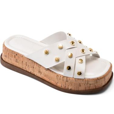 Imagem de Sandália Feminina Lumiss Flatform Tachas Rebite Dourado Cortiça Confortável offwhite35