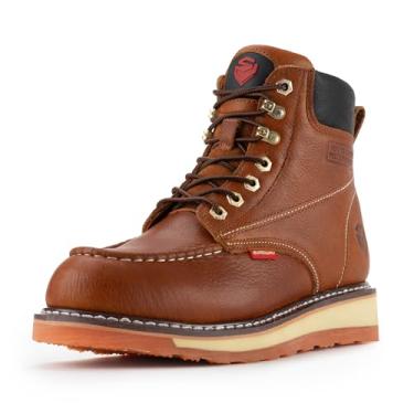 Imagem de SUREWAY Botas de trabalho masculinas resistentes, macias/compostas/biqueira de aço, confortáveis, GoodyearWelt, couro de flor integral, botas de construção moc toe de 15 cm, Marrom, 41