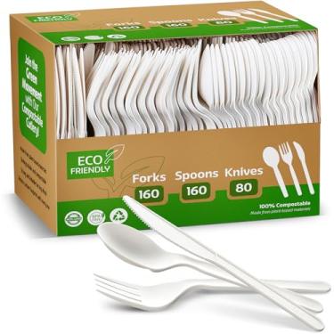 Imagem de Elegant Disposables Conjunto de talheres 100% compostáveis PLA descartáveis, de plástico, garfos, colheres, facas, 400 peças, utensílios biodegradáveis