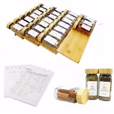 Imagem de KitHero Organizador de gaveta de especiarias com 24 potes de especiarias com tampa de bambu e 216 etiquetas, borracha antiderrapante, bandeja de tempero de bambu de 4 camadas, recipientes de tempero