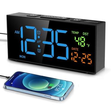 Imagem de Netzu Despertadores para quartos, relógio digital com data de temperatura e dia da semana, horário de verão manual, soneca, 2 alarmes, 4 volumes para sala de estar, mesa de cabeceira (preto e azul)