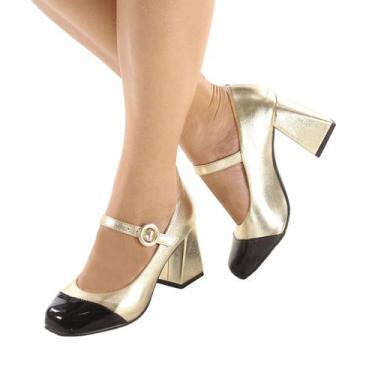 Imagem de Sapato Feminino Social Boneca Retrô Salto Bloco Grosso Bico Quadrado C