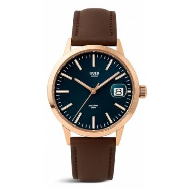 Imagem de Bazeli Relógio Masculino Amazônia 40 mm, Mostrador Azul com Data, Lume em Índices e Ponteiros, Caixa Rosé Gold, Pulseira de Couro Marrom, Quartzo Japonês