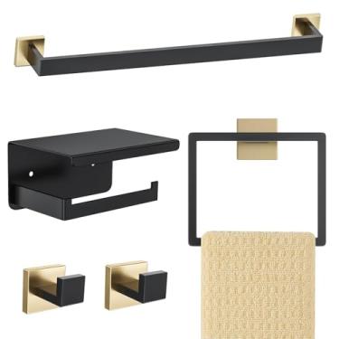 Imagem de Kiakuoow Conjunto de acessórios de ferragens de banheiro preto e dourado, conjunto de 5 peças, conjunto de toalheiros de aço inoxidável, barra de toalha de 40 cm, conjunto de toalheiros para banheiro
