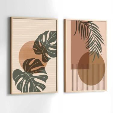 Imagem de Conjunto Quadros Decorativos com Moldura Folhas Abstrato Marrom Verde 