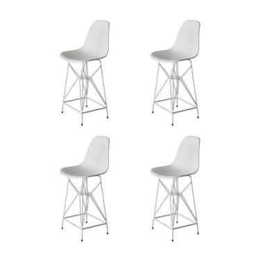 Imagem de Kit 4 Banquetas Bistrô Alta Eames Branca Base Ferro Branco - Cor: Bran