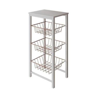 Imagem de Fruteira De Chão Cozinha Montada Aço Branco Cesto Cobre Tampo Branco R