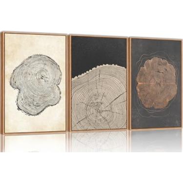 Imagem de SIKERIC Conjunto de 3 arte de parede em tela emoldurada de anel de árvore abstrata grande, impressões de arte de toco de madeira natural, pintura de arte em espiral de árvore neutra, decoração de
