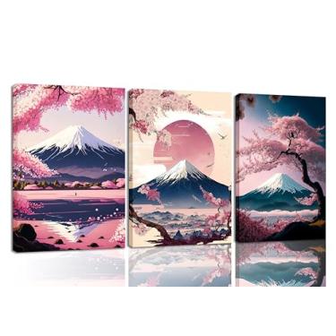 Imagem de 3 peças de arte de parede japonesa vintage vila Fuji Mountain pôsteres em tela fotos de flor de cerejeira pintura de paisagem japonesa decoração de parede estética para sala de estar, quarto