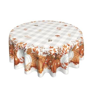 Imagem de Toalha de mesa redonda de outono 152 x 152 cm de ação de graças, xadrez, abóboras, tecido de poliéster, fazenda, colheita, outono, para cozinha, festa, piquenique, decoração ao ar livre