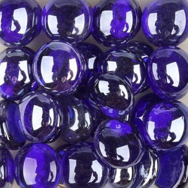 Imagem de LiFschal Mármores de vidro plano, pedras de vidro azul royal, contas de mármore de fundo plano, grânulos de enchimento de vasos seixos de vidro decorativos para aquário de peixes, cerca de 200 g, 32