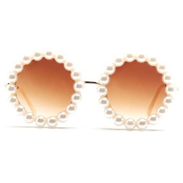 Imagem de mincl /Óculos De Sol Redondos Vintage Com Pérolas, Armação Grande Liga Luxo Para Mulheres, Óculos Festa Retrô (Marrom)