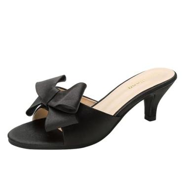 Imagem de EGGDK Sandália feminina de cetim com salto gatinho, laço sexy, bico aberto, salto baixo, mules, verão, sem cadarço, costas nuas, festa, casamento, formatura, Preto, 40