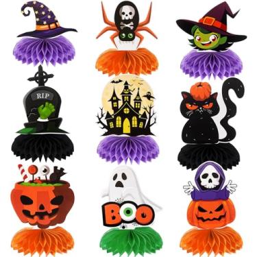 Imagem de Humyoun 9 PC Halloween Honeycomb Centerpieces Table Toppers Spider Skull Ghost Pumpkin Witch Bat Cat Goblin Cute Scary Desktop Centerpieces for Indoor Halloween Birthday Party Decor
