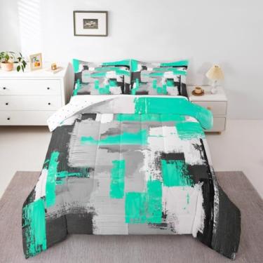 Imagem de Feelyou Conjunto de cama abstrato macio para meninos, meninas, teel e cinza, tamanho Queen, geométrico, edredom de microfibra, arte rústica, decoração de quarto, 3 peças com 2 fronhas